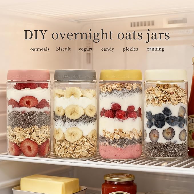 24oz 4Pack Glass Overnight Oats Jars Containers with Airtight Leakproof Lids, Reusable Mason Jars for Meal Prep, Yogurt Parfaits, Smoothies, Salads & Healthy Breakfasts (24 OZ-4-2)