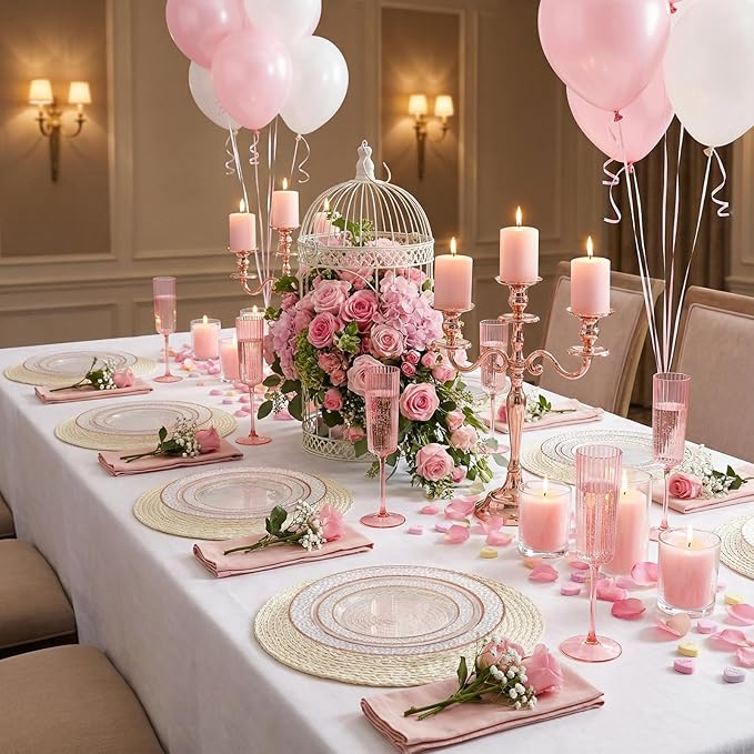 102PCS Rose Gold Plastic Plates - Clear Rose Gold Disposable Plates - Elegant Hammered Plate Include 51PCS 7.5inch Dessert & 51PCS 10.25inch Dinner Plate for Easter Party