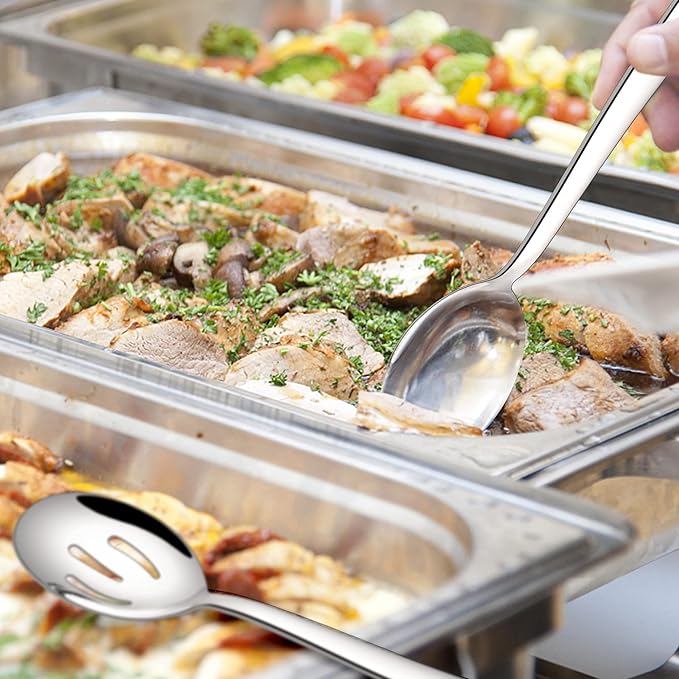 E-far Serving Utensils Set of 6, Stainless Steel Large 2 Serving Spoons 2 Slotted Spoons 2 Forks for Buffet/Parties/Catering, Mirror Polished & Dishwasher Safe