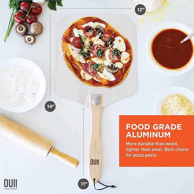 Aluminum Pizza Peel Metal - 12 x 14 Inch. Pizza Spatula for Oven with Foldable Wood Handle. Pizza Oven Accessories Tools. Turning Peel, Bread, Pastry, Dough, Cake Spatula