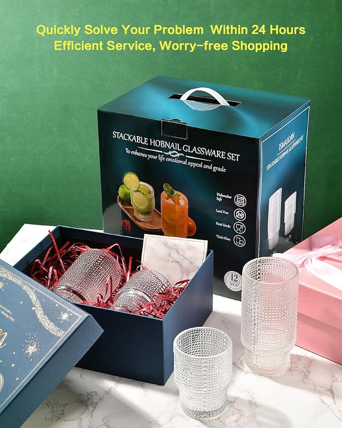 Hobnail Drinking Glasses Set of 12, Stackable Glasses 12 oz and 7 oz, Bubble Glasses Drinking, Vintage Glassware, Beaded Glassware, Highball Glasses, Gift Box Set