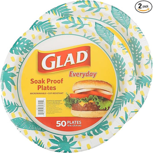 Glad Round Decorative Disposable Paper Plates, Palm Leaves Pattern, Soak Proof, Cut Resistant, Microwave Safe Dinner Plates for Everyday Meals, Parties, and Picnics, 10 Inch, 50 Count - 2 Pack