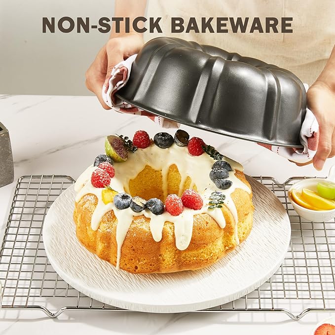 KITESSENSU 9 inch Non-Stick Cake Pans, 12 Cups Premium Fluted Pans for baking, Heavy Duty Carbon Steel Tube Baking Mold, Gray
