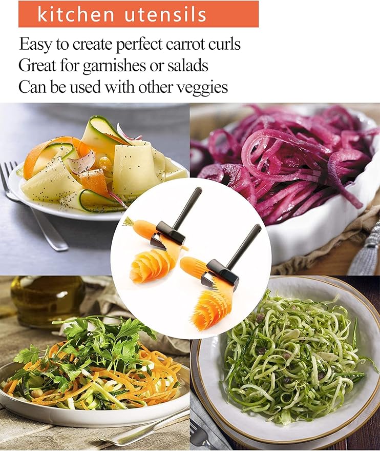 Carrot Curler and Peeler, Black Carrot Spiral Shred Slicer Root Vegetables Fruits Slicer Sharpener Garnishing Tool (Plastic)