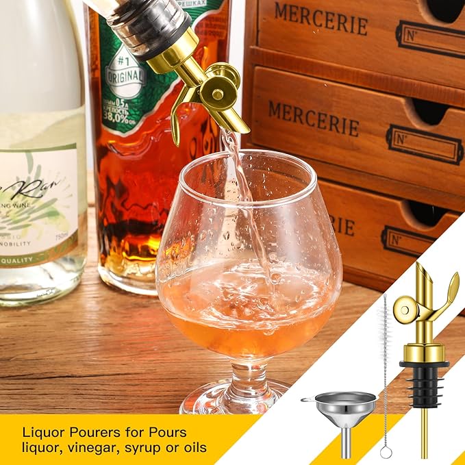 Tioncy 4 Pieces Weighted Stainless Steel Pourers Olive Oil Spout Olive Oil Dispenser Spout Automatic Opening and Closing with Funnel and Brush for Pouring Wine Syrup Kitchen(Gold)