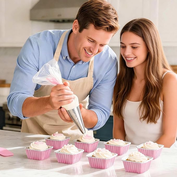 60 Pack Mini Cake Pans with Lids Foil Pans Square Aluminum Pans with Lids Cupcake Liners for Birthday Wedding Party Gift (Pink, 5 oz)