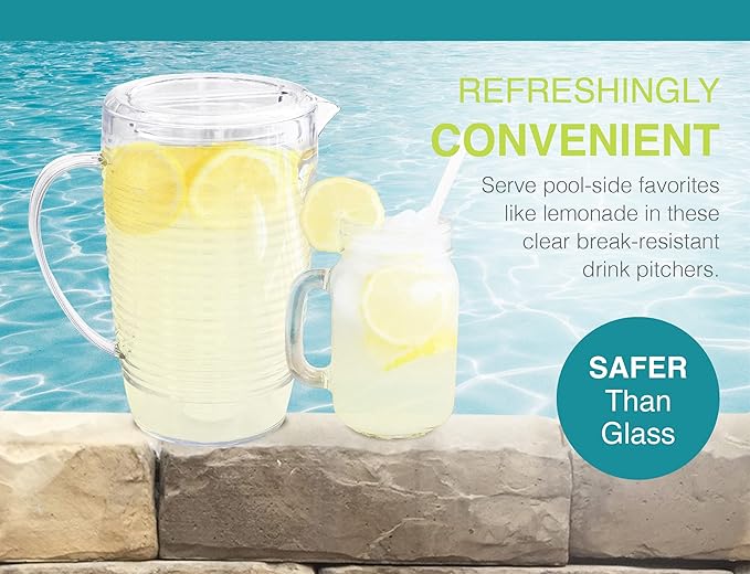 Arrow Home Products Clear Plastic Beverage Pitcher with Lid, 76 Ounce - Thick-Walled Modern Coil Design, Made in the USA - Fill with Ice Water, Iced Tea or Juice - BPA Free, Dishwasher Safe