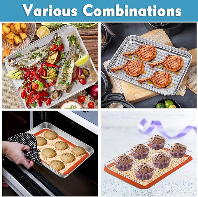 P&P CHEF 10.4 Inch Baking Oven Sheet Pan with Rack & Mat for Cookie, Stainless Steel Oven Sheet Tray Cooling Rack and Silicone Mat for Baking & Roasting, Dishwasher Safe & Healthy, 3Pcs