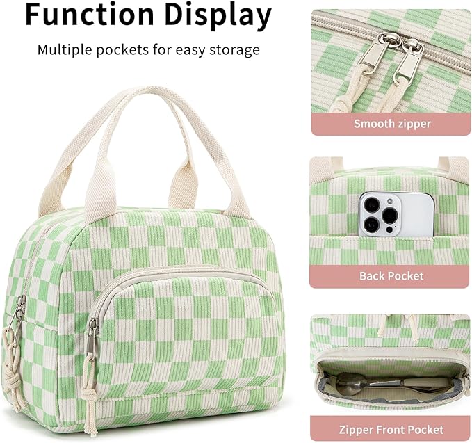 Lunch Bag Women Lunch Box for Women Adult Cute Insulated Lunch Bag Small Cooler Lunch Tote Bags for Work Picnic Travel (Beige-Light Green Plaid)