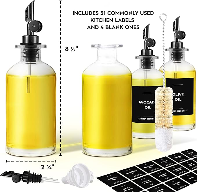 Oil Dispenser for Kitchen - Glass Olive Oil Bottle Set of 4 (11.8oz) with Black Weighted Self-Closing Pourer - Cooking Oil Dispenser with 66 Labels, Aligner & Funnel
