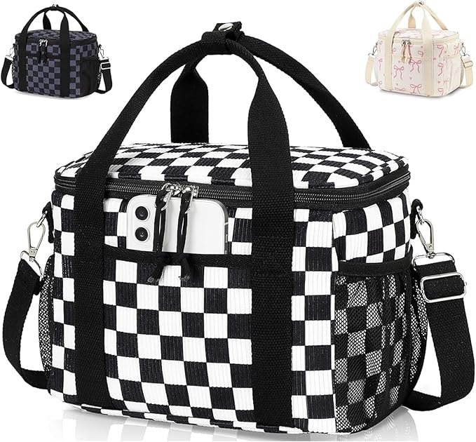 LOIDOU Lunch Box for Women Men Insulated Corduroy Lunch Bag Cooler Leakproof Reusable Adult Lunchbox Adjustable Strap lunch tote for Work Office Beach Picnic, Black Check