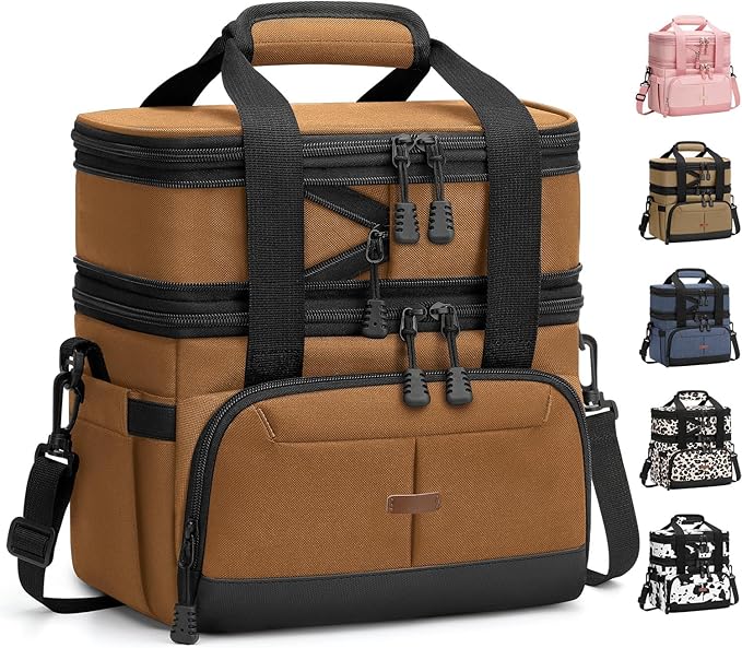 Lunch Box For Men Women Double Deck Insulated Lunch Bag For Men Woman Leakproof Expandable Cooler Bag with Adjustable Shoulder Strap for Kids Shool Work Picnic Camping(Brown,Large)