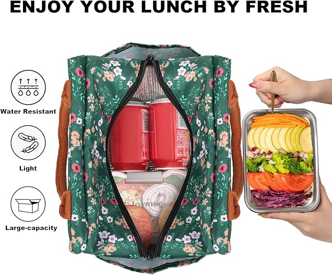 Joymee Lunch Bag Women Insulated Lunch Box Reusable Leakproof Large Spacious Cooler Tote for Women Men Adult with Bottle Holder and Side Pockets for Work Office Travel Picnic -Green Floral
