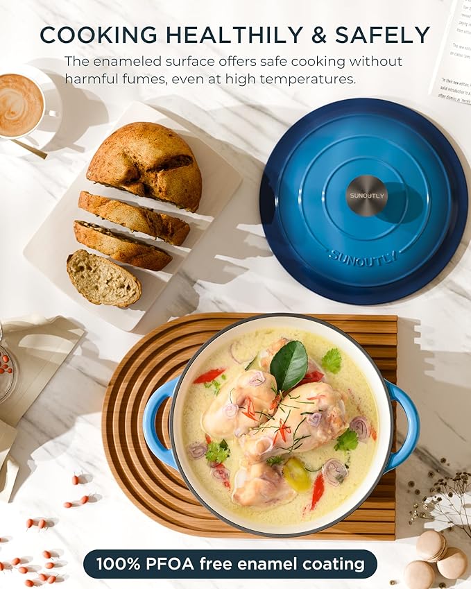 Enameled Cast Iron Dutch Oven - 7.5QT Dutch Oven Pot with Lid & Cotton Potholders - Heavy-Duty Non Stick Casserole Pot for Braising, Stews, Roasting, Baking, Suitable for All Stovetops, Navy Blue