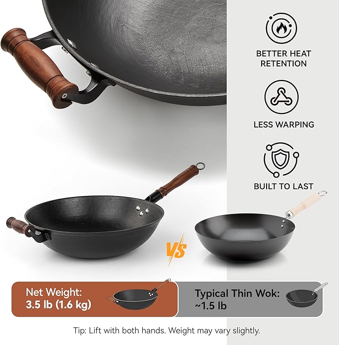WANGYUANJI Cast Iron Wok Pan with Lid (12.6 Inch) - Handcrafted Flat Bottom Chinese Stir Fry Skillet for Induction, Electric & Gas - Walnut Wood Handle, No Coating