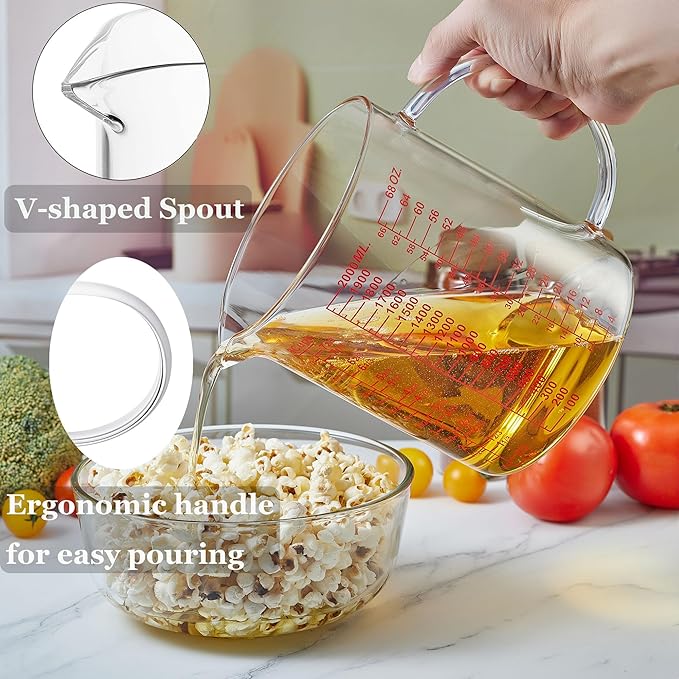 Glass Measuring Cup-[Insulated handle | V-Shaped Spout]-Made of High Borosilicate Glass Measuring Cup for Kitchen or Restaurant, Easy to Read, 2000 ML (64 Oz, 8 Cup)
