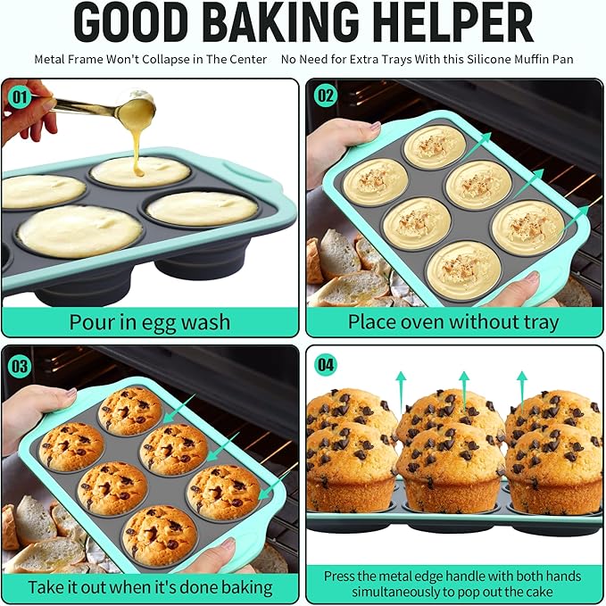 Muffin Pans for Baking 6 Cups, Silicone Foldable Muffin Pan with Metal Frame, Collapsible Cupcake Pan, Egg Bite Molds, Muffin Tin Tray for Baking Homemade Brownies Puddings(1)