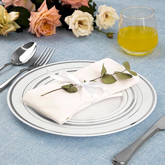 SETUP Case of 300 White Silver-Rimmed Plastic Plates - Premium Heavy-Duty Disposable Combo for Weddings and Parties - 150 10.25" Dinner and 150 7.5" Salad Plates
