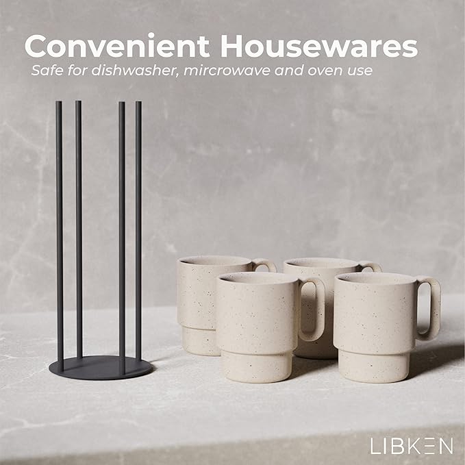 Stackable Coffee Mug Set with Black Stand - 4x8oz Ceramic Mugs with Unique Sprinkled Optics - Powder Coated Metal Rack - Dishwasher-Safe - Microwave & Oven - Scandinavian Minimal Design