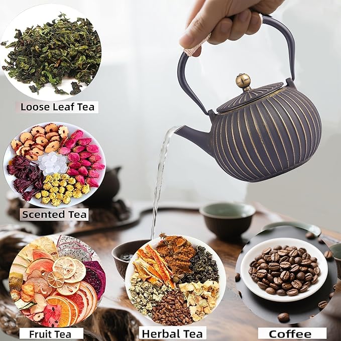 Cast Iron Teapot - Japanese Tetsubin 34oz (1000ml) Enamel Coated Interior with Removable Stainless Steel Infuser, Stovetop Safe Tea Kettle for Tea Ceremony, Black Gold