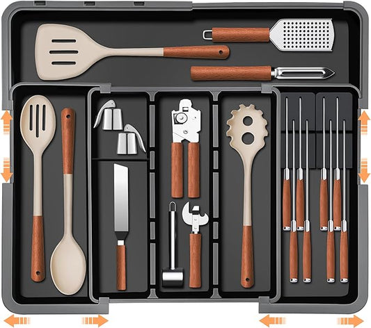 Large Utensil Drawer Organizer for Kitchen, Expandable Silverware Organizer Utensil Holder, Cutlery and Flatware Cooking Tray, Kitchen Drawer Organizers and Storage with Removable Knife Block, Black