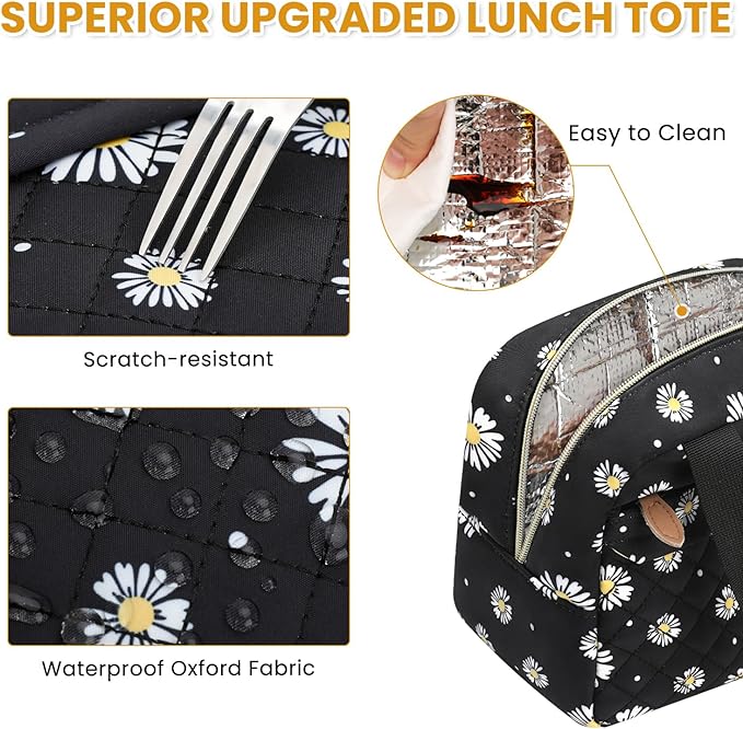 Insulated Lunch Bag for Women, Portable Lightweight Lunch Box for Adults, Reusable Small Lunch Tote Cooler Bags with Front Zipper Pocket for Work School Picnic(Black-Floral)