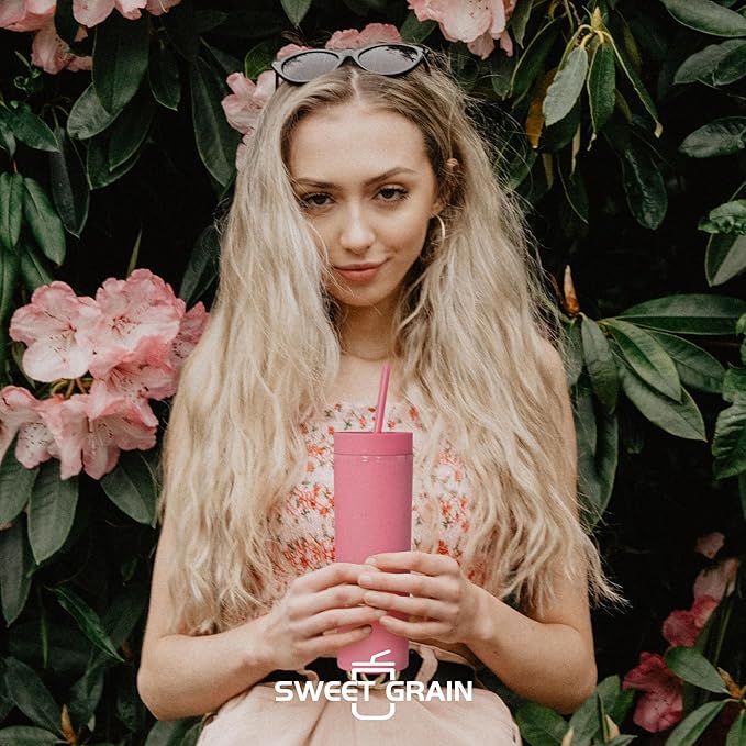 sweet grain Skinny Tumblers with Lids and Straws(6 Pack) - 16oz Matte Pastel Colored Skinny Acrylic Tumblers, Double Wall Plastic Tall Skinny Tumblers Bulk for Cold Hot Drinks - Pink