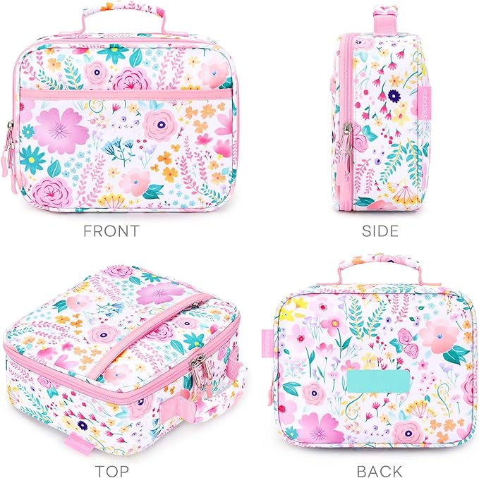mibasies Kids Lunch Box for Girls Toddler, Insulated and Reusable Lunch Bag for School, Flower Pink