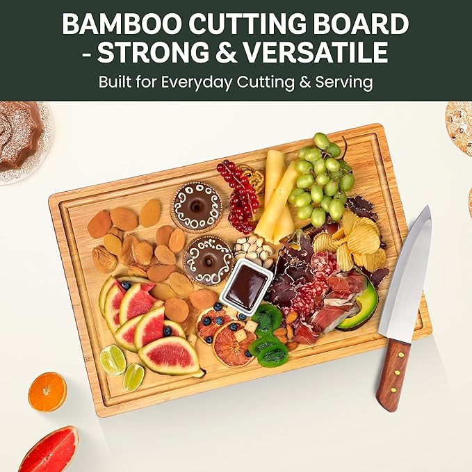 Bambüsi Large 16 Inch Bamboo Cutting Board with Juice Groove and Handles - Heavy Duty Butcher Block for Kitchen, Meat, Cheese, Vegetables, Food Prep and Serving