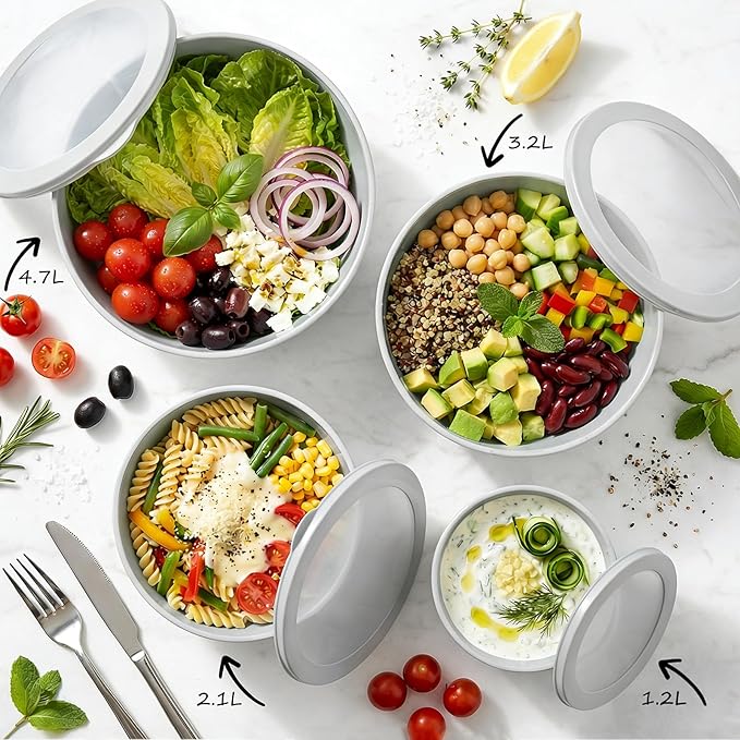 BoxedHome Nesting Plastic Mixing Bowls, BPA-Free Plastic, Microwave and Dishwasher Safe, Set of 4, 1.27/2.22/3.38/4.76quart, Grey