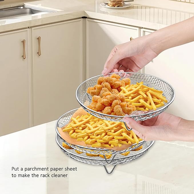 8 Inch Air Fryer Rack, 3 Layers Stainless Steel Air Fryer Basket, Stackable Cooling Racks, Air Fryer Accessories Fit for 4.2-5.8 QT Oven Press Cooker, Round