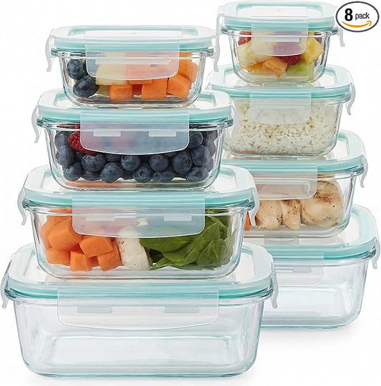 8 Pack Glass Meal Prep Containers with Lids, Glass Food Storage Containers with Airtight Vent Hole Lids, Lunch Containers Sets with lids Glass, Microwave Oven Freezer Dishwasher Safe