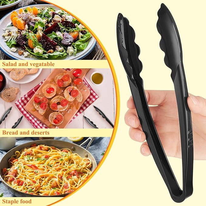Tessco for you 25 Pcs Plastic Tongs for Serving Bulk, 9 Inch Plastic Disposable Serving Tongs, Heavy Duty Salad Tong for Kitchen, Buffet, BBQ, Events & Catering (Black)