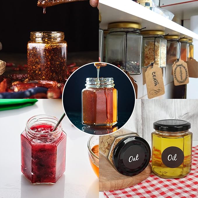 Betrome 6oz Hexagon Glass Jars, 30 Pack with Black Lids - 180ml Clear Glass Canning Jars for Honey, Spices, Jams, Shower Favors, Wedding Favors and Craft - Includes 1 Pen and Labels