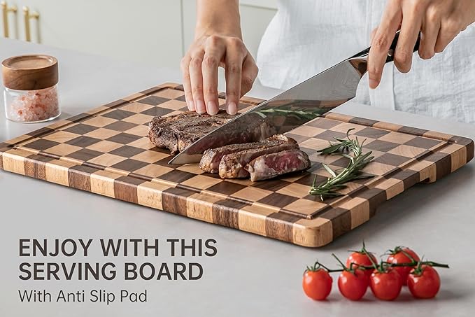 Cutting Boards for Kitchen, Checkered Cutting Board Upgraded, Acacia Wood Chopping Board with Juice Grooves & Handles, Large Butcher Block Serving Tray with Gift Box, 17"X12"X0.8"