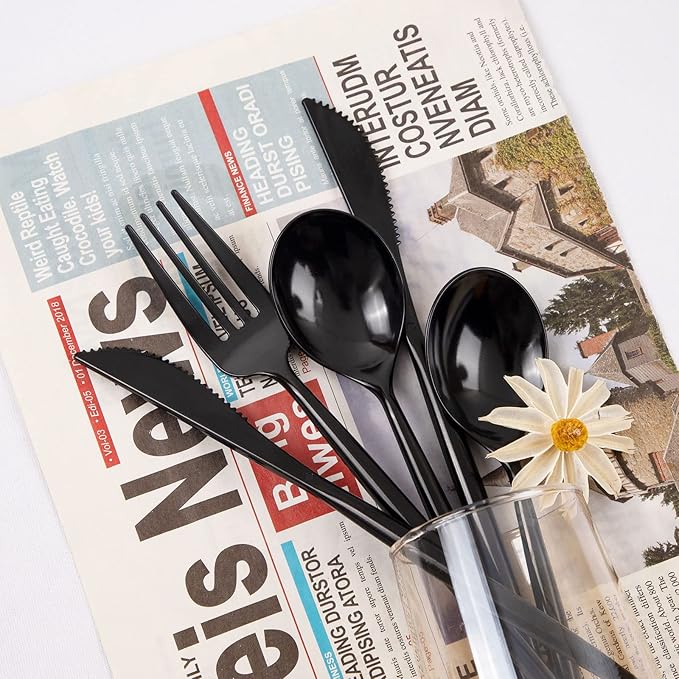 Supernal 180pcs Black Plastic Silverware Heavy Duty Black Party Cutlery Disposable Plastic Forks and Spoons Disposable Utensils Flatware Include 60 Forks,60 Knvies,60 Spoons (Pack of 2)