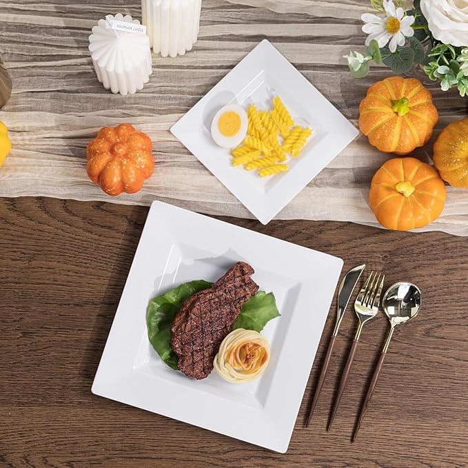 N9R 60PCS White Square Plastic Plates, 30 Dinner & 30 Dessert Plates Heavy Duty, Fancy Disposable Plates for Party, Wedding and other Events