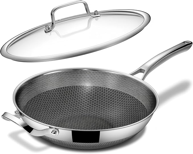 FGJ Wok pan,13 inch Hybrid Wok with Lid,PFOA Free Cookware,Non Stick Stainless Steel Woks & Stir-fry pans Nonstick, Dishwasher and Oven Safe, Works on Induction