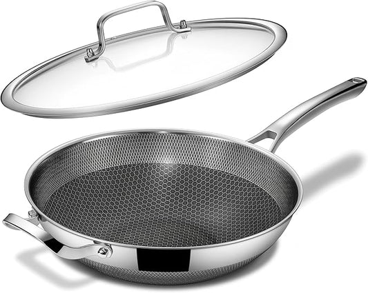 FGJ Wok pan,13 inch Hybrid Wok with Lid,PFOA Free Cookware,Non Stick Stainless Steel Woks & Stir-fry pans Nonstick, Dishwasher and Oven Safe, Works on Induction