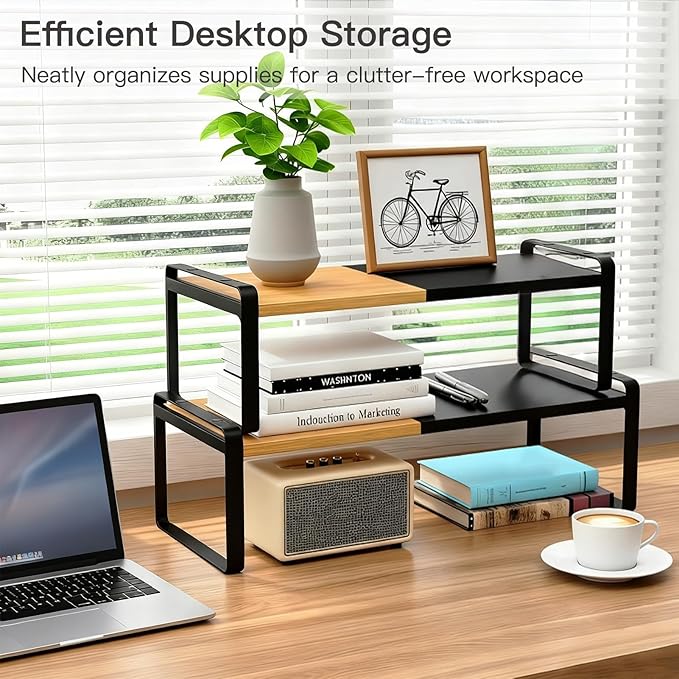 Expandable Kitchen Counter Shelf Organizer, Black Coffee Bar Accessories & Station Decor, Industrial Cabinet Riser with [Secure Interlocking Design], Heavy Duty Metal Rack for Mugs (Bamboo/Black)