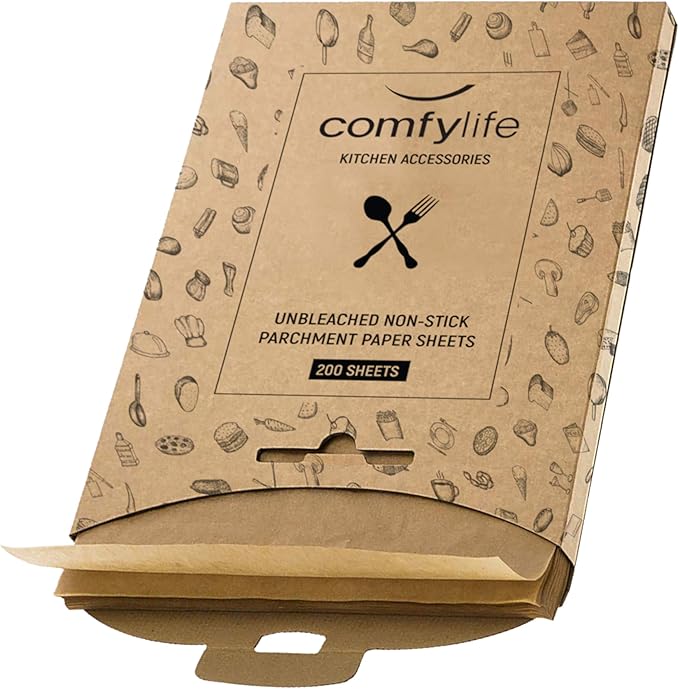 Comfylife 200 Parchment Sheets - No Curl, No Tear, No Burn Baking Paper (10 x 15 inch) - Precut, Unbleached Parchment Paper for Baking & Cooking
