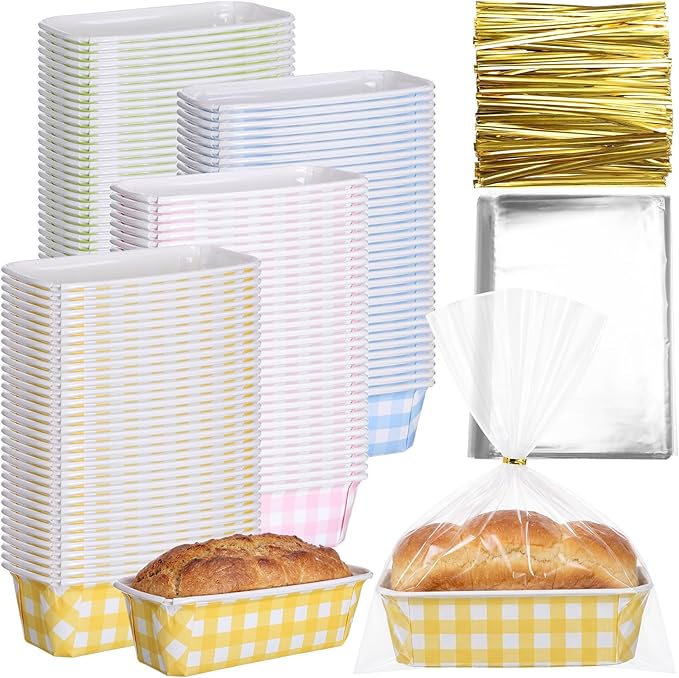 LemonRoad 100 Sets Easter Paper Loaf Pan for Baking 6.3 x 2.2 x 2.2 Inch Small Disposable Colorful Plaid Baking Pans with Clear Plastic Bags and Ties Rectangle Cake Pan for Bread Mold Supply Gift