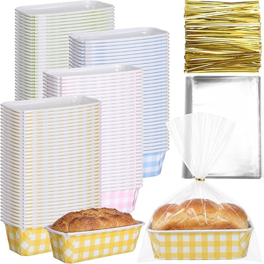 LemonRoad 100 Sets Easter Paper Loaf Pan for Baking 6.3 x 2.2 x 2.2 Inch Small Disposable Colorful Plaid Baking Pans with Clear Plastic Bags and Ties Rectangle Cake Pan for Bread Mold Supply Gift