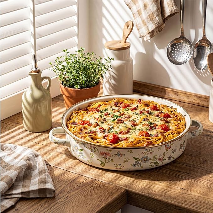 11 Inch Enamel Pie Pan Vintage Art Enamel Non-stick Baking Dish Oven and Dishwasher Safe for Turkey Pizza Desserts Easter Gift for Wife Baking Dish(Floral Print Style)