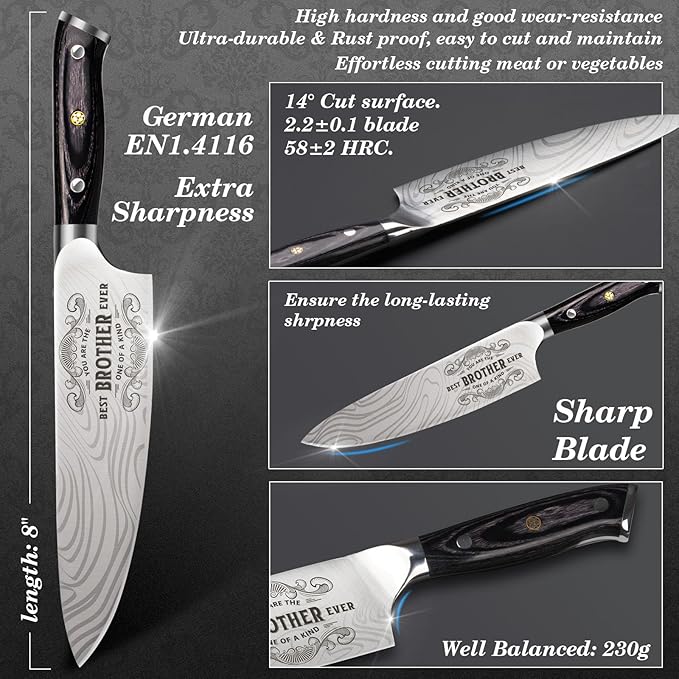 Gifts for Brother Men, Kitchen Cooking Knife Brother Gifts for Birthday, 8 inch Professional German High Carbon Stainless Steel Chef Knife, Brother Birthday Gifts Stocking Stuffers