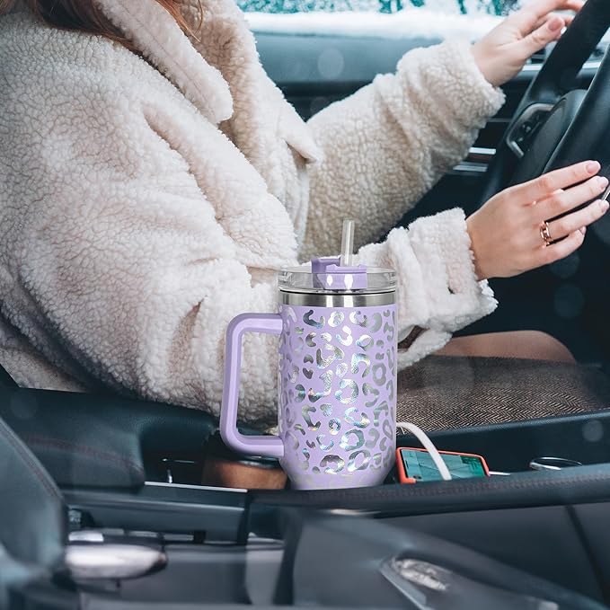 40 oz Tumbler with Handle and Straw, 100% Leak-Proof Travel Mug, Stainless Steel Double Wall Vacuum Insulated Coffee Cup Keeps Cold For 34 Hours, Dishwasher Safe, Lavender Leopard