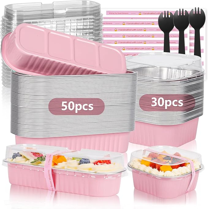 Mini Loaf Pans with Lids for Baking Bread Disposable, 50Pcs 6.8oz Mini Cake Pans with Lids and Spoons Pink Sticker & 30Pcs 10oz Square Aluminum Pans Kit, Dessert Foil Baking Cupcake Tins