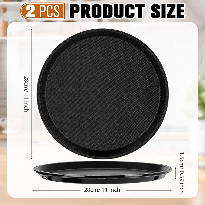 Zopeal 2 Pieces Black Round Restaurant Serving Tray, Plastic Non Slip Surface Food Meals Server Tray with Raised Edges for Home, Kitchen, Restaurant, Cafeteria, Bar (11")