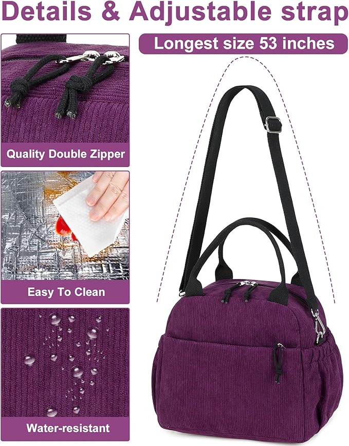 Bluboon Lunch Bag for Women Cute Corduroy Lunch Tote Bags with Shoulder Strap Reusable Insulated Lunch Box Large Capacity Reusable Insulated Cooler for Work Picnic or Travel (13L)