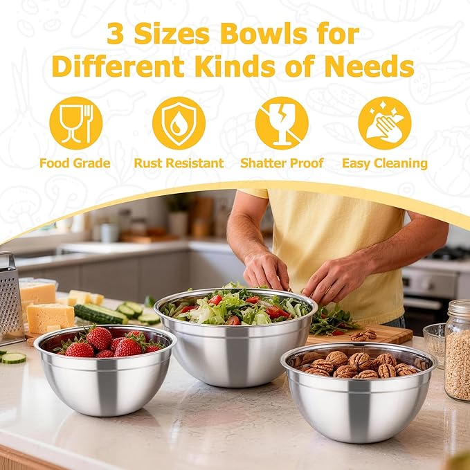 TeamFar Mixing Bowls, 4.5/3/1.5 QT Stainless Steel Nesting Salad Bowls with Airtight Lids, For Serving/Mixing/Storing/Prepping, Non-Toxic & Sturdy, Visible & Easy Clean, Multi-Color, Set of 3